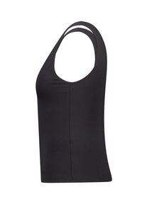 Black sleeveless top with a round neckline, crafted from smooth, stretchy material. Features a fitted silhouette and dual shoulder straps.