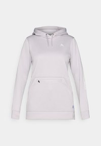 Helle lila Kapuzenjacke aus weichem Stoff, mit einer Fronttasche, verstellbaren Kordeln und einem Logo auf der Brust. Lange Ärmel mit Bündchen.