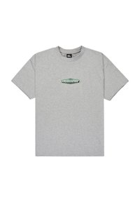Gray cotton t-shirt with a crew neck and short sleeves. Features a multicolored Quiksilver logo on the front center. Classic fit.