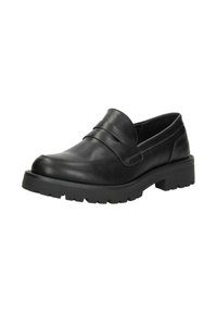 Zwarte leren loafers met een ronde neus, voorzien van een gladde afwerking, decoratieve band en een chunky rubberen zool met profiel.