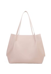 Jasnoróżowa skórzana torba tote z dwoma długimi rączkami, o ustrukturyzowanym kształcie, gładkiej teksturze i bez widocznych elementów metalowych ani dodatkowych ozdób.