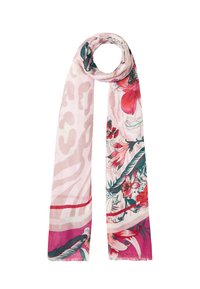 Bufanda floral en suave tela rosa, con vibrantes patrones florales rojos y verdes, con una textura suave y detalles de flecos en los extremos.