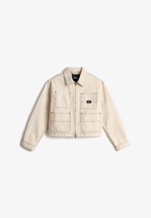 Light beige zip-up jacket with four front pockets featuring dark stitching and a small black Vans logo patch on the upper right pocket.