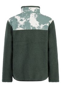 Fleecejack met een groen gestructureerd lijf en een lichtgroene gemuste schouderstuk. Hoge kraag; zacht, gezellig materiaal; design met verlaagde schouders.