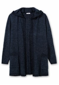 Ciemnoniebieski sweter z dzianiny z kapturem, otwarty z przodu, z długimi rękawami i dwiema przednimi kieszeniami. Miękka struktura i prążkowany dół.