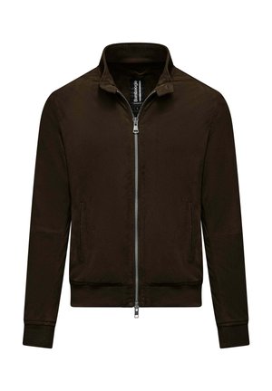 Giacca marrone scuro con cerniera, collo alto, polsini e orlo a coste, e due tasche laterali.