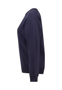 Sudadera de manga larga azul marino con puños y dobladillo acanalados, mostrada de lado sobre un fondo blanco.