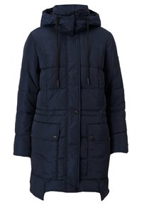 Námořnická modrá péřová bunda s kapucí, s kombinovaným zipem a knoflíkovým zapínáním, dvěma předními kapsami a prošívaným designem pro zateplení.