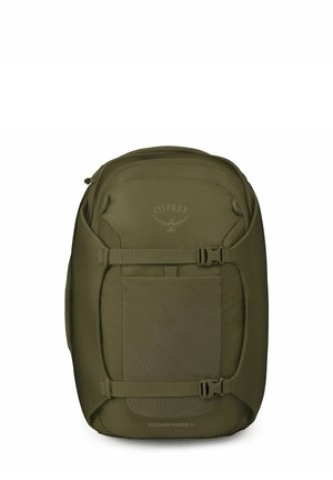 Sac à dos de voyage Olive green Osprey Sojourn Porter 46 avec bretelles réglables et poche avant.