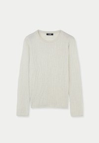 Pull en maille de couleur crème avec un motif ondulé, col rond côtelé et manches longues. Texture douce avec un design décontracté.