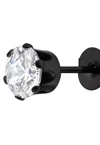 Zwart studoorbel met een grote, heldere, ovale diamant in een zesgripsetting, een gladde metalen paal en een ronde achterkant.