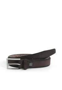 Brauner Ledergürtel mit einer silbernen Metallschnalle, ausgestattet mit einer glatten Textur und einem gemusterten Innenfutter. Verstellbare Länge.