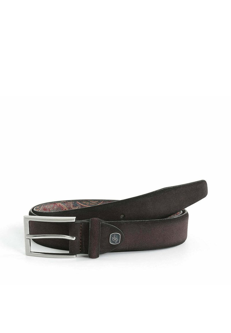 Brauner Ledergürtel mit einer silbernen Metallschnalle, ausgestattet mit einer glatten Textur und einem gemusterten Innenfutter. Verstellbare Länge.