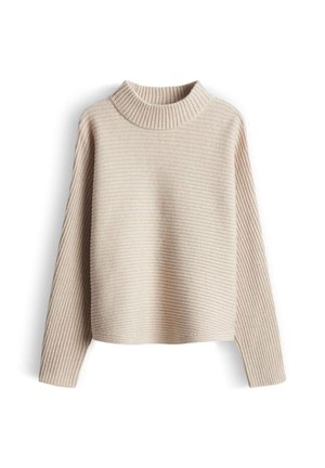 Beige ribbed knit sweater with long sleeves and a high, slightly rolled collar, displayed on a white background.