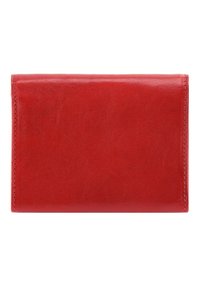 Rote Leder-Geldbörse mit glatter Textur, rechteckiger Form und gefaltetem Design. Verfügt über eine saubere Naht entlang der Kanten.