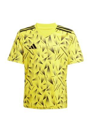 Maillot de sport jaune avec motif triangulaire noir, manches courtes, col en V et trois rayures noires sur les épaules. Fabriqué en tissu léger.