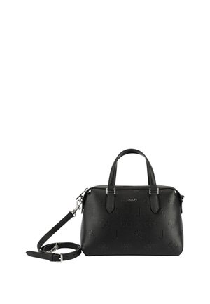 Black leather handbag with embossed floral and letter patterns, zip closure, dual handles, and an adjustable shoulder strap.