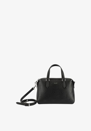 Borsa a tracolla in pelle nera con motivi floreali e lettere in rilievo, chiusura con zip, doppi manici e tracolla regolabile.