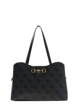 Black Guess handbag with monogram pattern, gold-tone buckle detail, and double shoulder straps on a white background.