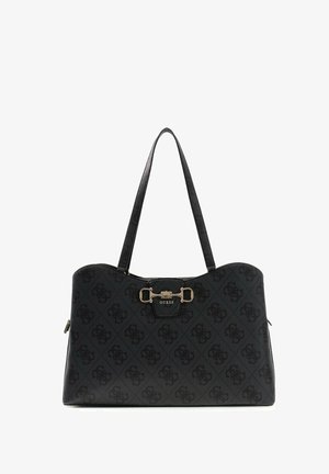 Black Guess handbag with monogram pattern, gold-tone buckle detail, and double shoulder straps on a white background.