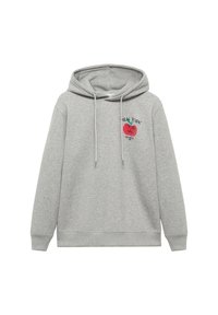 Grijze hoodie van zachte stof met een voorzak, koordjes en een grafische print van een rode tomaat met de tekst "NEW YORK".