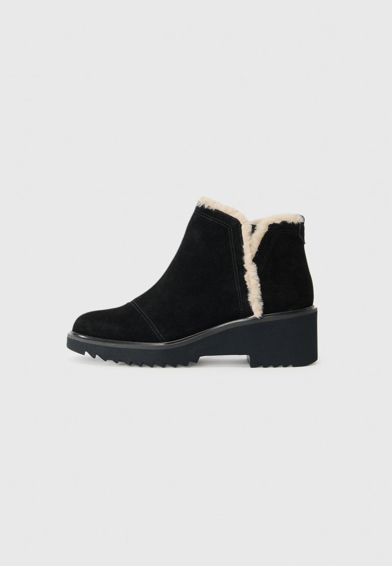 Bottines en suede noir avec doublure en fausse fourrure, talon compensé et semelle en caoutchouc noir texturé avec un motif en zigzag.