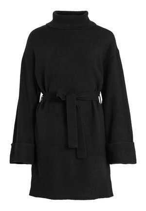 Vestido de punto negro con cuello alto, cintura ceñida con cinturón, hombros caídos y puños anchos. Textura suave con un ajuste holgado y cómodo.