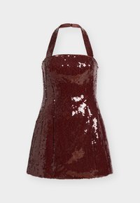 Burgundy sequin minidress with halter neck, fitted bodice, and flared skirt. Features shiny sequins and smooth fabric texture.