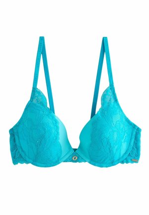 Helles türkisfarbenes Spitzen-BH mit verstellbaren Trägern, Bügel-Cups und kleinem dekorativem Anhänger in der Mitte vorne.