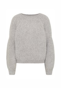 Grau gestrickter Pullover mit Rundhalsausschnitt, geripptem Muster und langen Ärmeln. Das Design zeichnet sich durch eine lockere Passform und ein dezentes Muster aus.