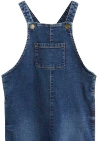 Denimoverall med justerbare stropper, en frontlomme og gullfargede knapper. Har en mørkeblå vask og solid tekstur.