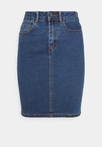 Jeanskjol, medelblå, figursydd design med framfickor, stängning med översta knapp och synlig sömdetalj. Slät textur.