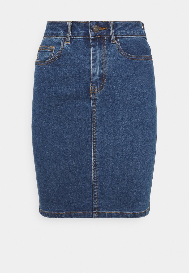 Jeanskjol, medelblå, figursydd design med framfickor, stängning med översta knapp och synlig sömdetalj. Slät textur.