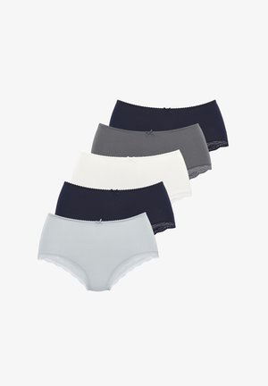 Cinq paires de sous-vêtements féminins en bleu marine, gris, blanc et gris clair, avec une bordure en dentelle et un nœud décoratif à la taille.