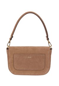 Brown suede shoulder bag with a curved design, gold hardware, and a front pocket. Adjustable strap for versatile carrying options.