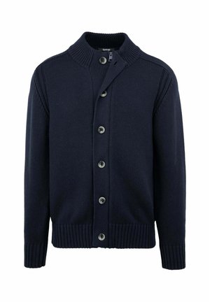 Granatowy dziergany sweter typu cardigan z prążkowanym kołnierzem, mankietami i dołem, posiadający siedem guzików z przodu oraz ukryty zamek pod plisą na guziki.