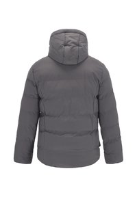 Szara kurtka puchowa z kapturem, poziomym pikowaniem i klasycznym fasonem. Wykonana z lekkiego, izolującego materiału dla zapewnienia ciepła.
