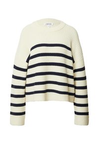 Crème- en marineblauw gestreepte gebreide trui met een ronde halslijn, verlaagde schouders en ribbeltextuur. Verkorte lengte en losse pasvorm.