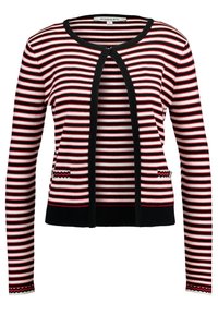 Sweter w paski w kolorach czarnym, czerwonym i białym. Posiada długie rękawy, okrągły dekolt, otwarty przód oraz akcenty w zygzakowy wzór.