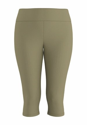 Legginsy oliwkowe, z wysokim stanem, długości do kolan, z gładkiej tkaniny, bez widocznych logotypów i wzorów.