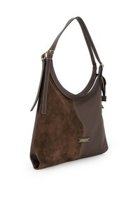 Brown leather shoulder bag with suede accents, rounded shape, gold hardware, contrast stitching, and a logo plaque. Adjustable strap included.