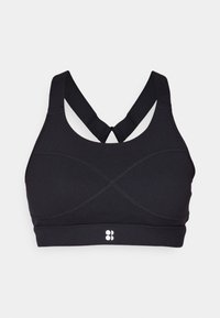 Schwarzer Sport-BH mit gekreuzten Trägern auf der Rückseite und einem kleinen weißen Logo, das mittig am unteren Bund platziert ist.