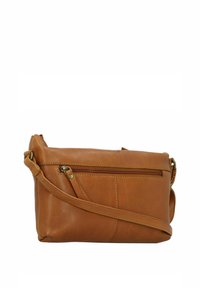 Borsa a tracolla in pelle marrone con tasca con zip, cintura regolabile, texture liscia, forma rettangolare e design minimale.