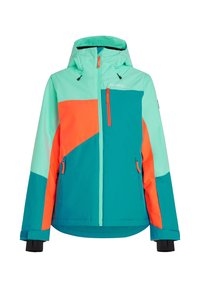 Kleurrijke skijas met een mix van teal, feloranje en muntgroen. Inclusief een capuchon, ritsen en verstelbare manchetten.