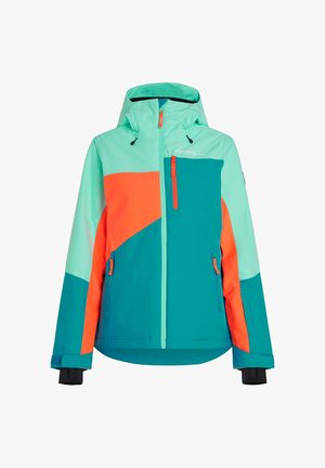 Giacca da sci colorata con una combinazione di blu teal, arancione brillante e verde menta. Include un cappuccio, cerniere e polsini regolabili.