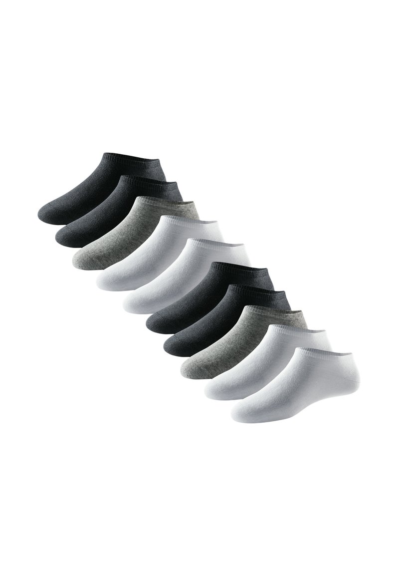 Pack of 10 low-cut socks in black, gray, and white, featuring a smooth texture and elasticated cuffs for a secure fit.