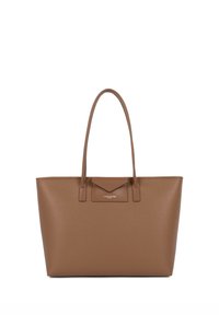 Sac cabas en cuir brun texturé avec deux longues anses et une base plate ; équipé d'un petit rabat triangulaire et d'un logo de marque embossé.