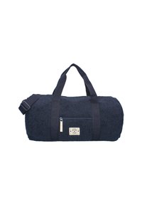 Sac de sport cylindrique bleu marine en tissu texturé, avec une poche zippée à l'avant, deux poignées et une sangle d'épaule réglable.