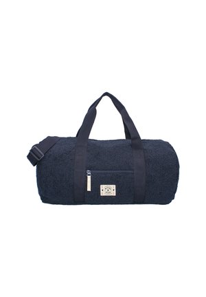Navyblaue zylindrische Sporttasche aus strukturiertem Stoff, mit einer Vorderreißverschlusstasche, zwei Griffen und einem verstellbaren Schultergurt.