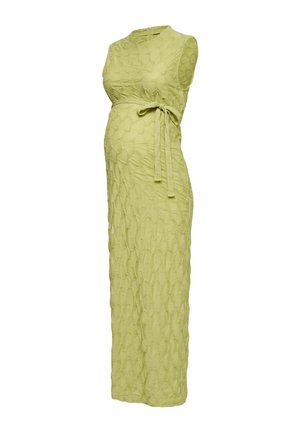 Mouwloze, getextureerde lichtgroene zwangerschapsjurk met een ronde halslijn en een zijstrikceintuur, midilange uitvoering.